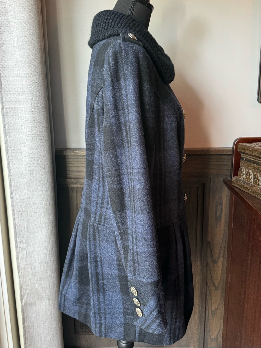 Style & Co. Double-Breasted Plaid Pea Coat in Navy and Black wool blend medium - Picture 5 of 6